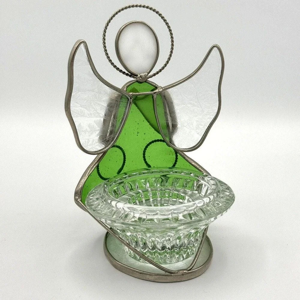 Vintage Green Glass Angel Tea Light Holder Frosted‎ Wings Stained Glass Style 6